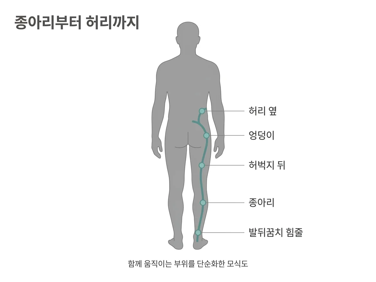 발뒤꿈치 힘줄에서 종아리, 허벅지 뒤, 엉덩이와 허리 옆까지 이어지는 부위를 단순화한 모식도