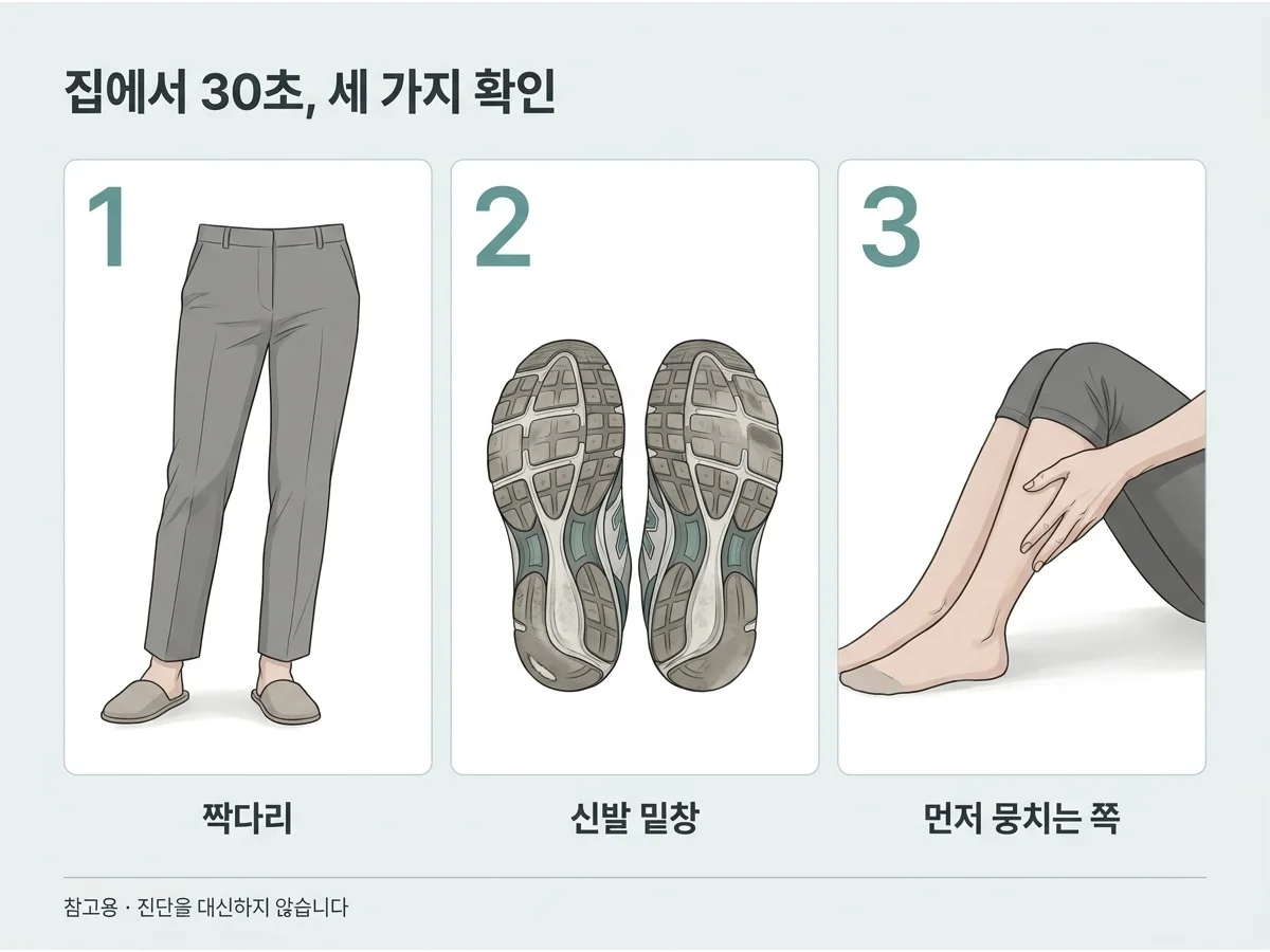 짝다리로 서기, 신발 밑창 확인, 먼저 뭉치는 종아리 확인을 나타낸 일러스트