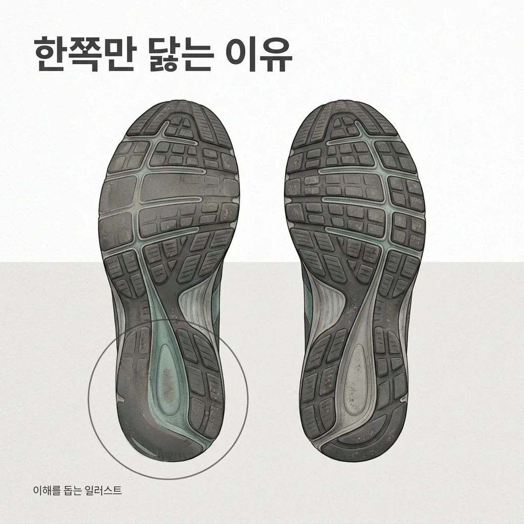운동화 두 짝의 밑창 마모 차이를 표현한 일러스트