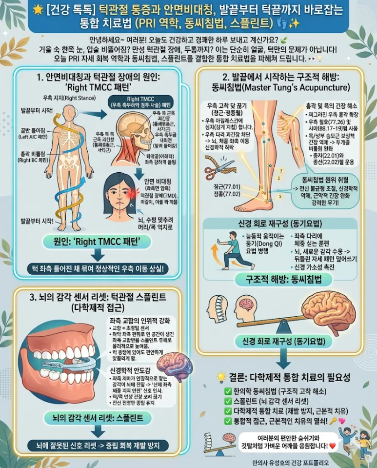 턱관절과 안면비대칭을 발의 지지, 골반, 흉곽, 목 및 스플린트와 연결해 설명하는 인포그래픽